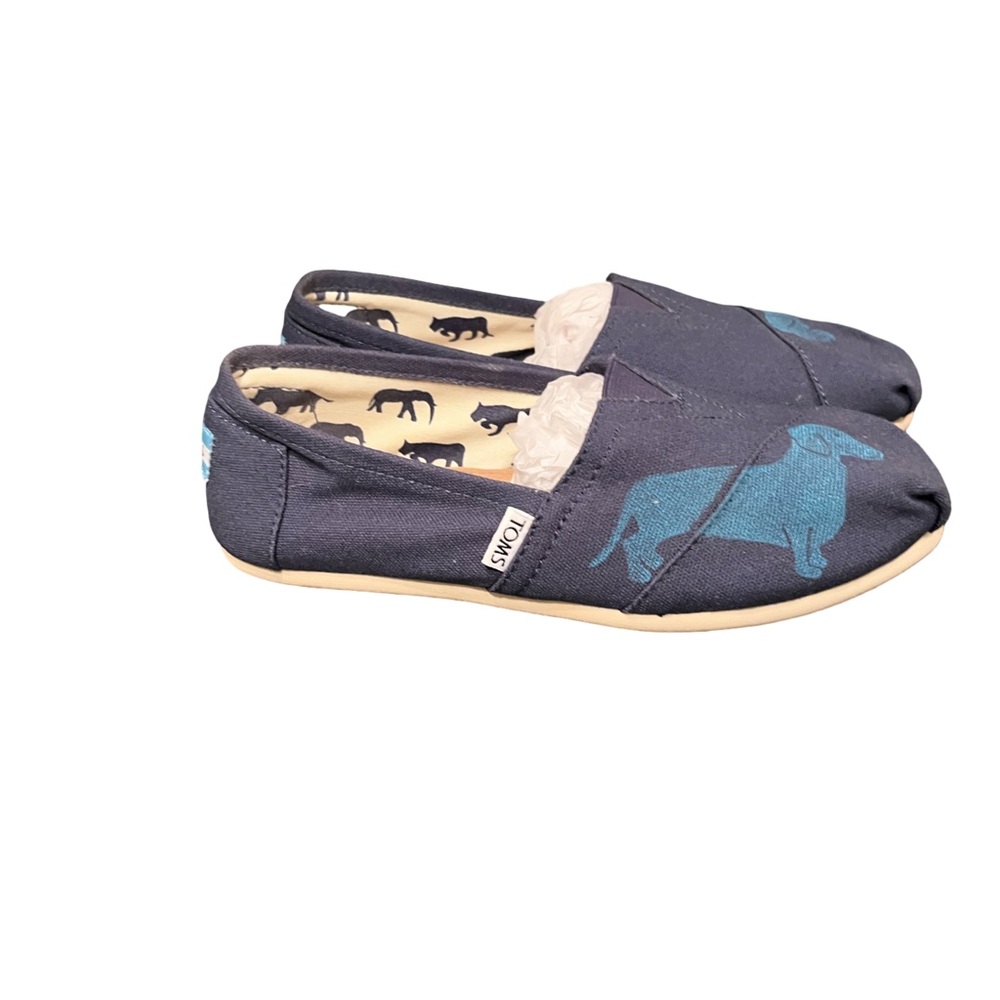 TOMS Rare Woman’s Navy Slip-Ons Cavas with Dachshund Dog Graphic Print size 7